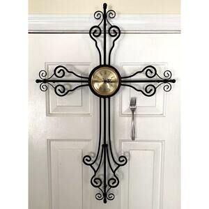 Wall Hanging Clock Cross Wrought Iron Large 30" X 20" Inches Heavy Duty Rustic